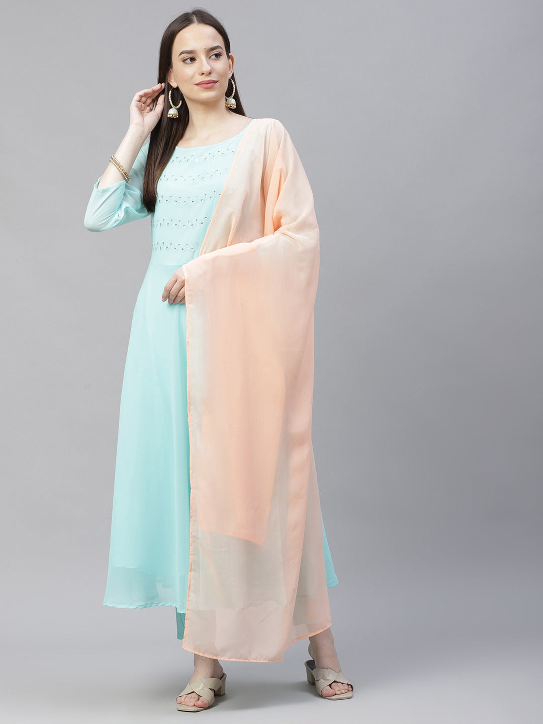 Women Turquoise Blue Embroidered Regular Sequinned Kurta with Trousers & Dupatta