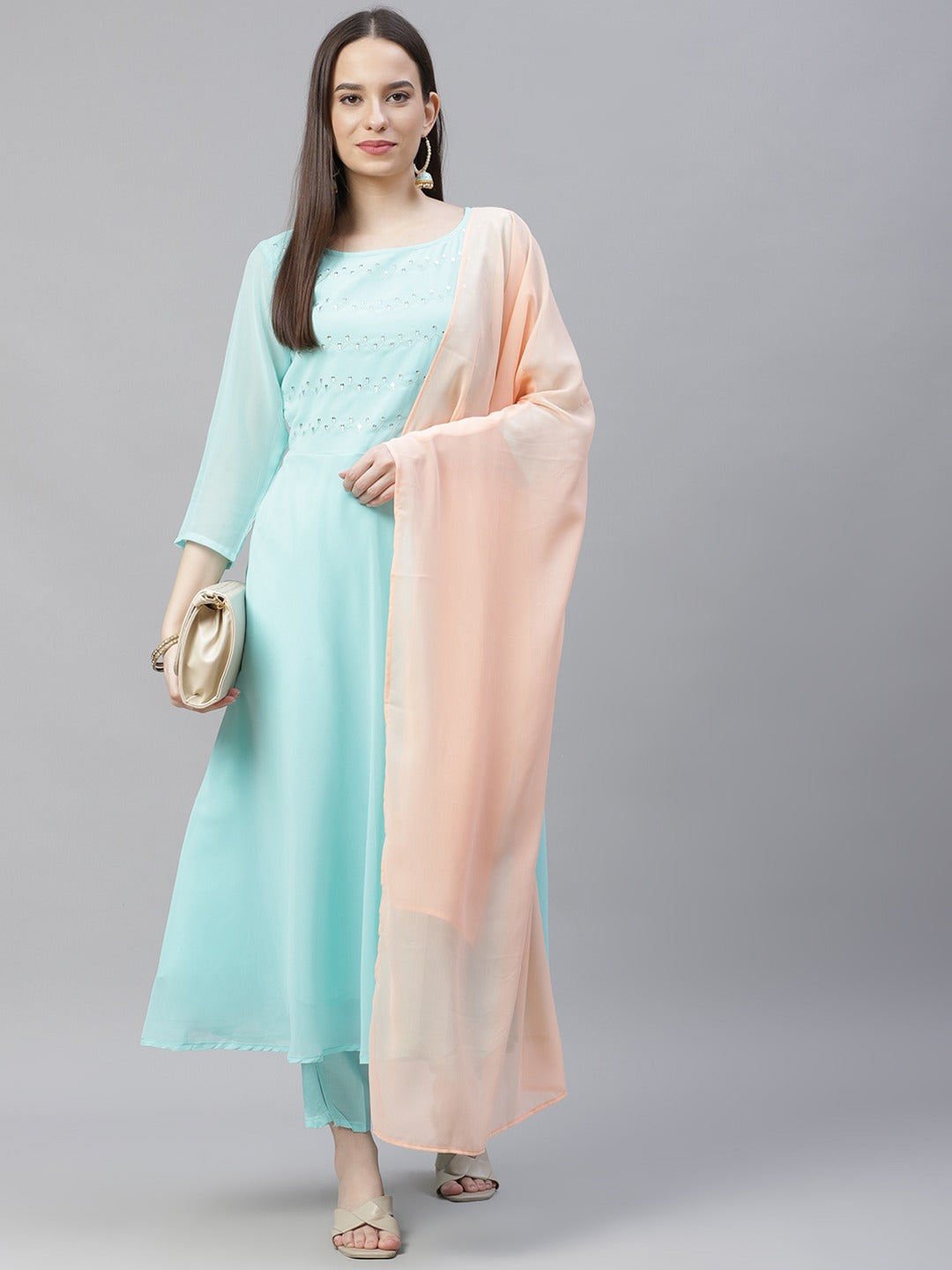 Women Turquoise Blue Embroidered Regular Sequinned Kurta with Trousers & Dupatta