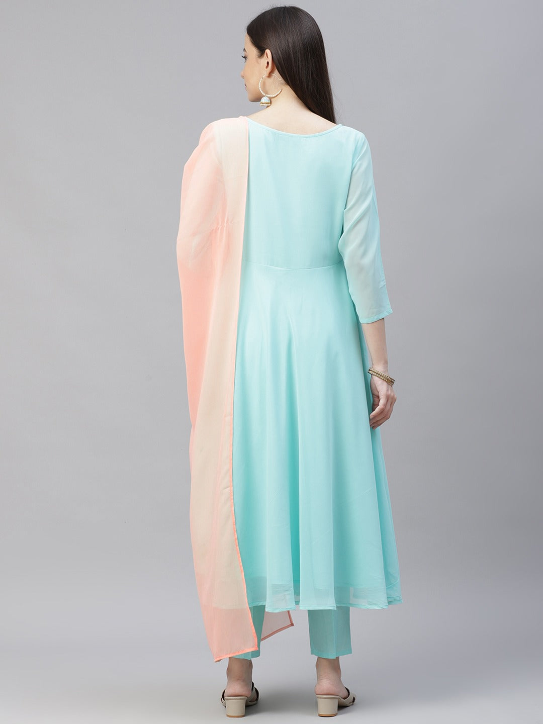 Women Turquoise Blue Embroidered Regular Sequinned Kurta with Trousers & Dupatta
