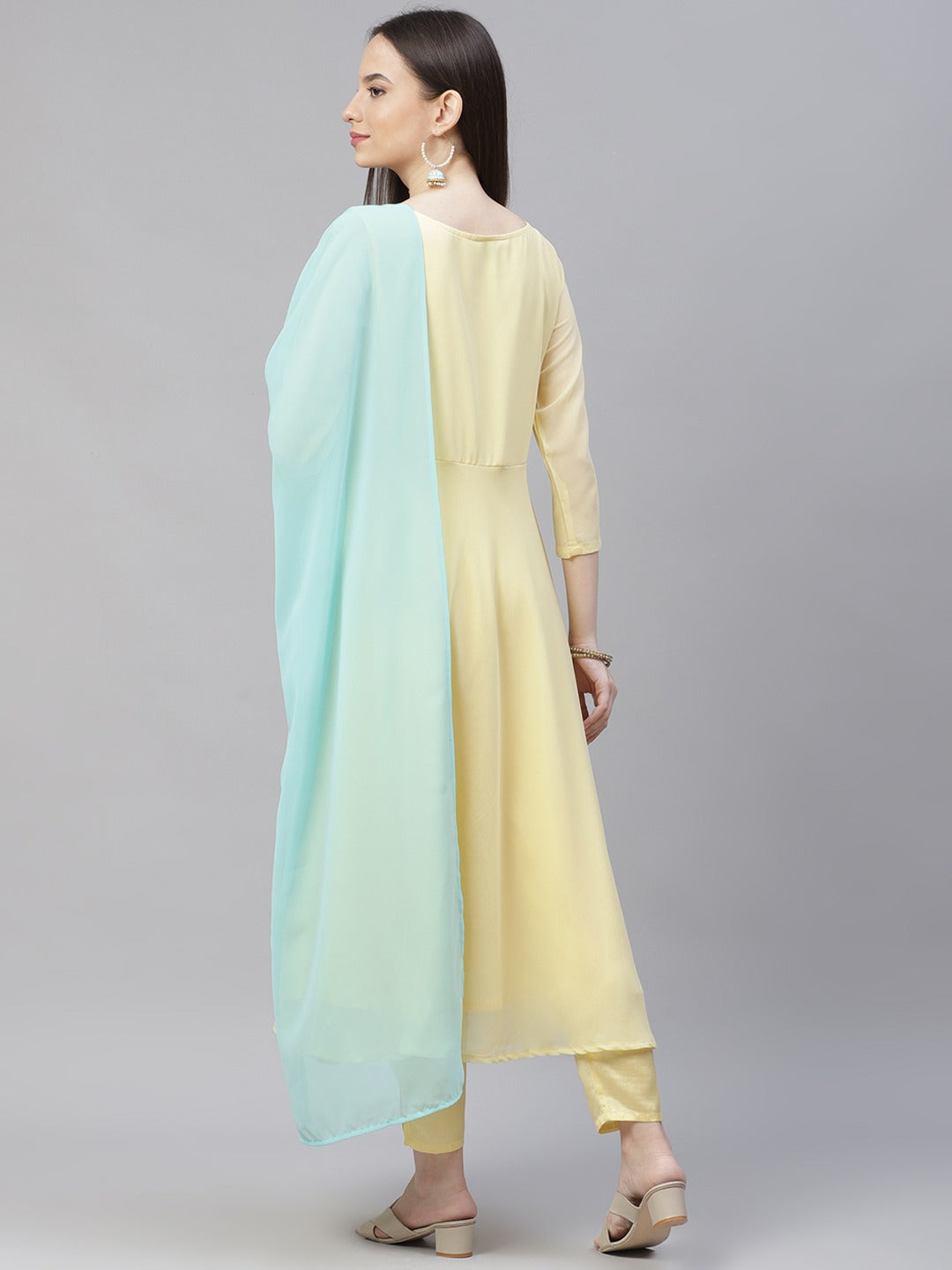 Women Yellow Embroidered Regular Sequinned Kurta with Trousers & Dupatta