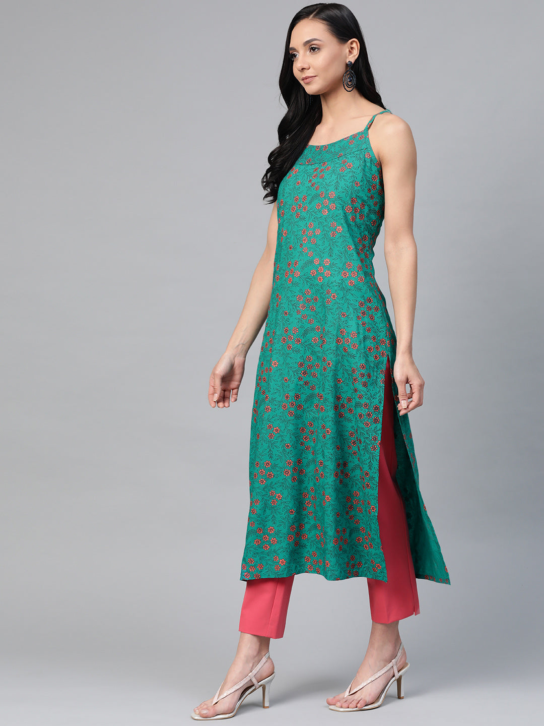 Jompers Women Rama Green & Pink Printed Straight Kurta