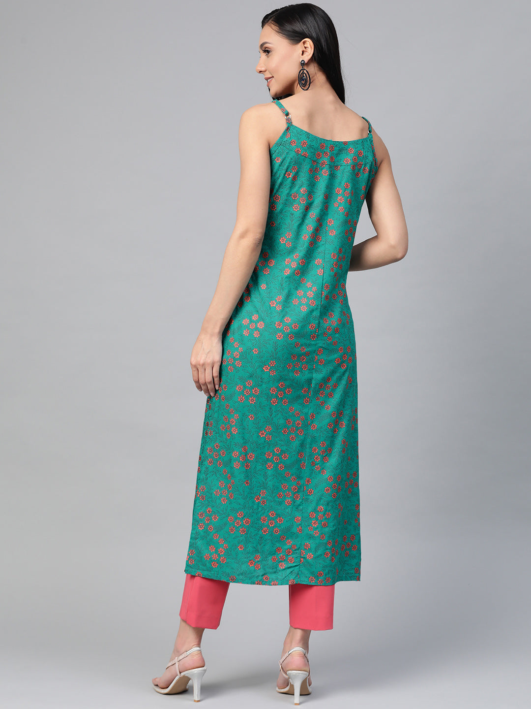 Jompers Women Rama Green & Pink Printed Straight Kurta