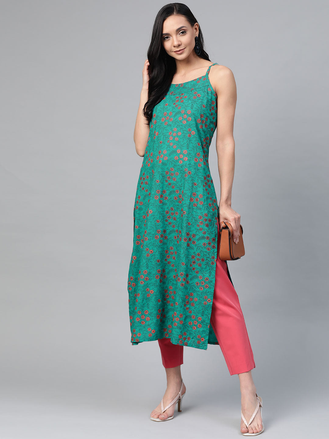 Jompers Women Rama Green & Pink Printed Straight Kurta