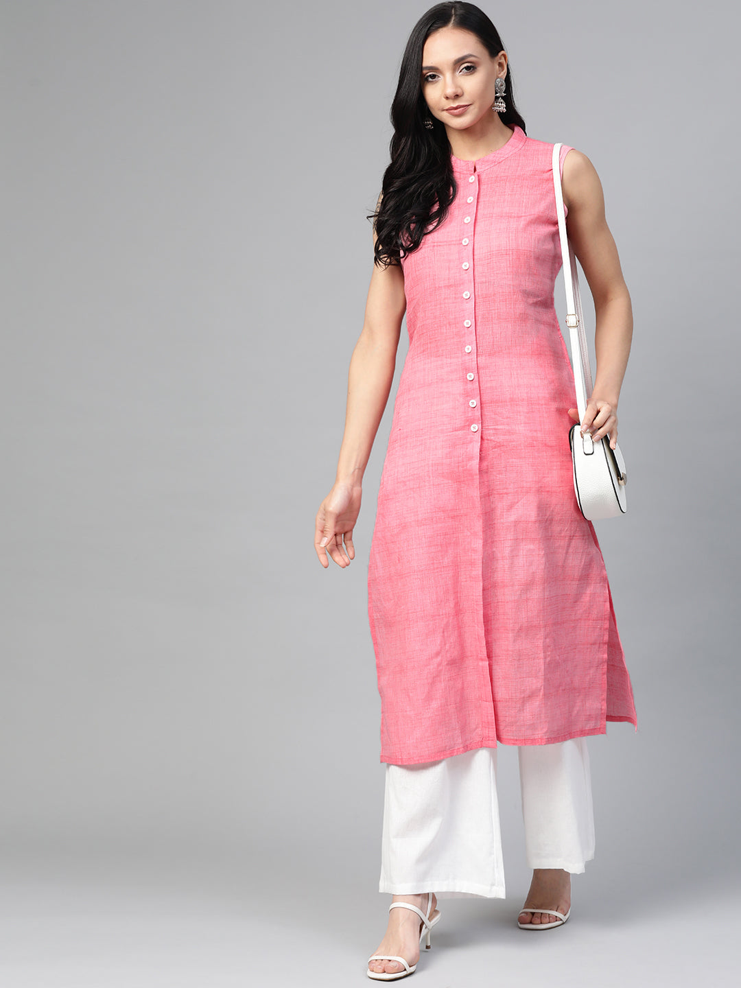 Jompers Women Pink Pure Cotton Woven Design Straight Kurta