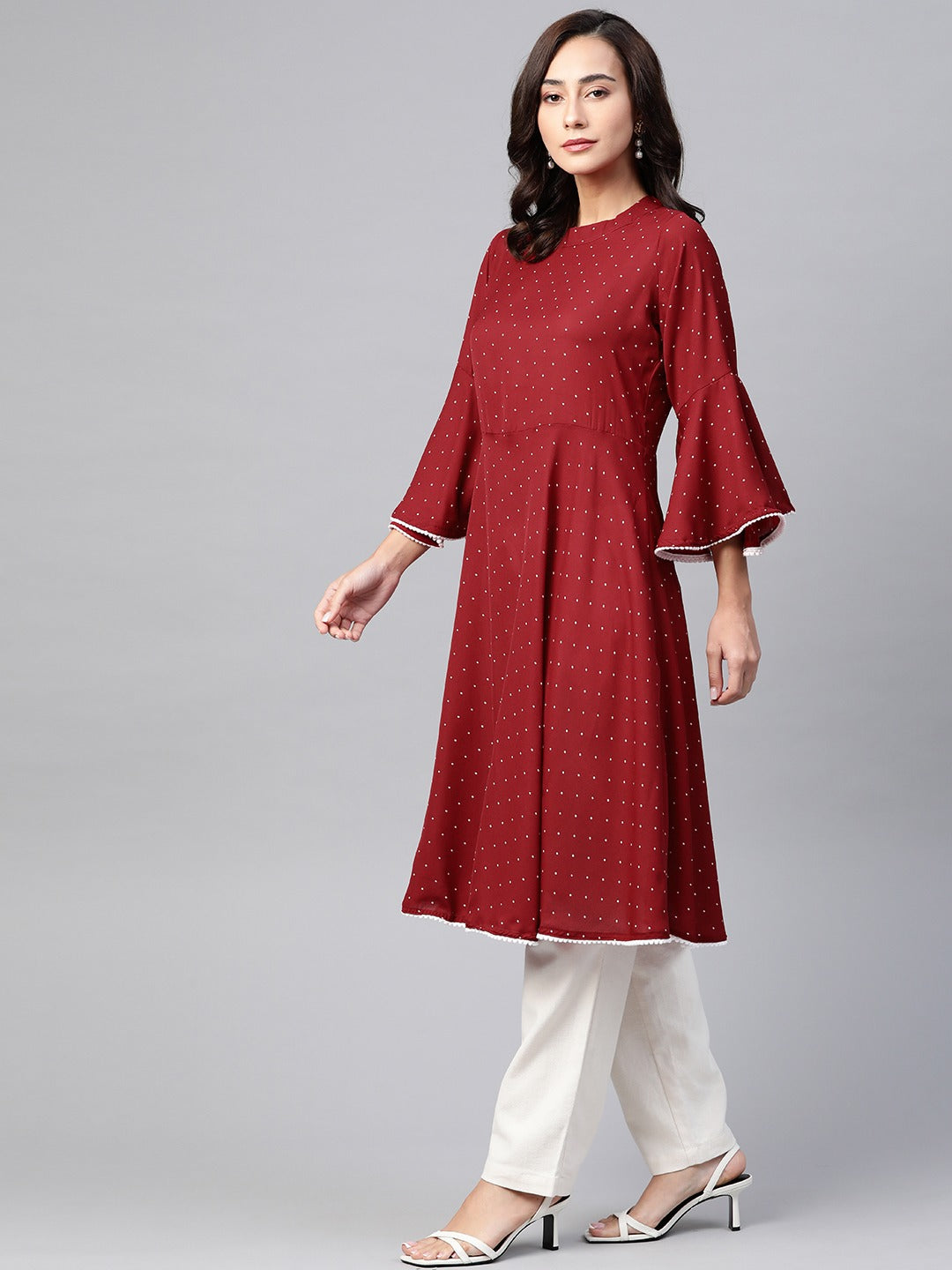 Jompers Women Maroon & White Polka Dots Print Bell Sleeves Anarkali Kurta