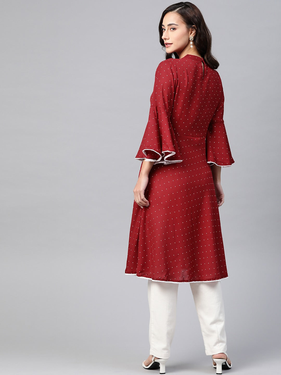 Jompers Women Maroon & White Polka Dots Print Bell Sleeves Anarkali Kurta