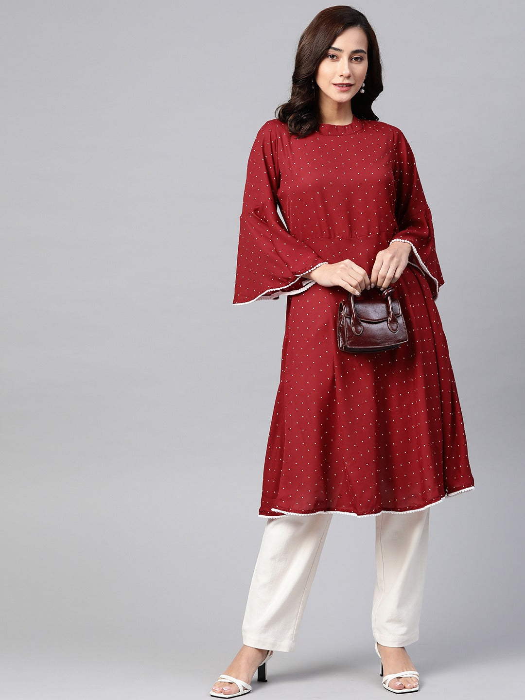 Jompers Women Maroon & White Polka Dots Print Bell Sleeves Anarkali Kurta