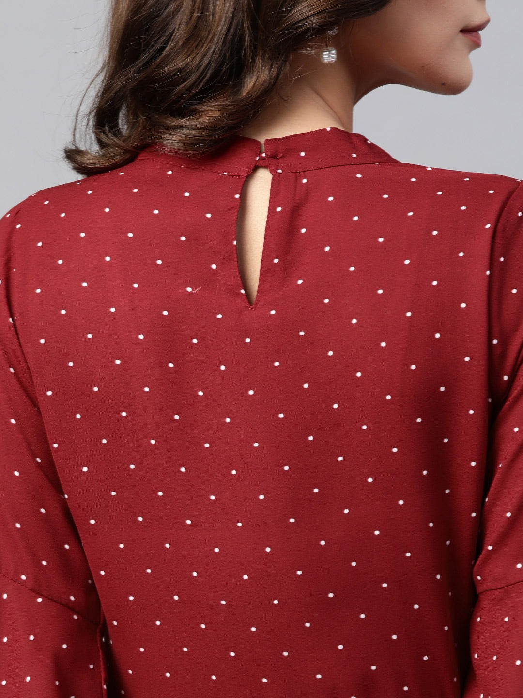 Jompers Women Maroon & White Polka Dots Print Bell Sleeves Anarkali Kurta