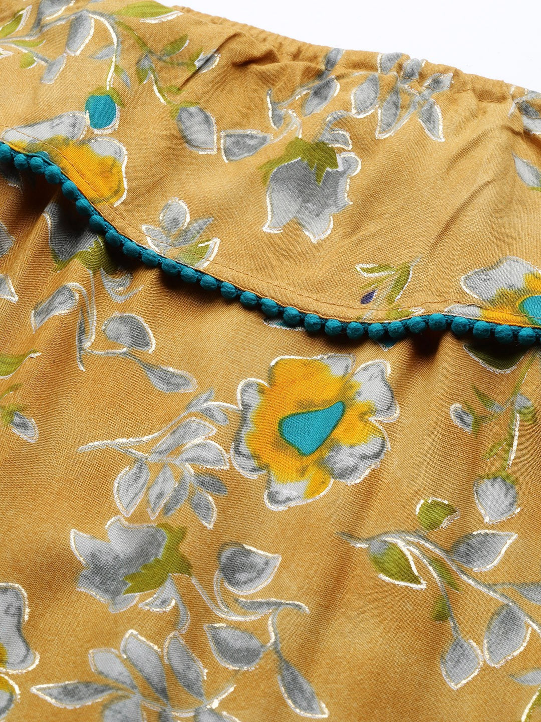 Jompers Women Mustard Yellow & Teal Blue Floral Printed Straight Kurta