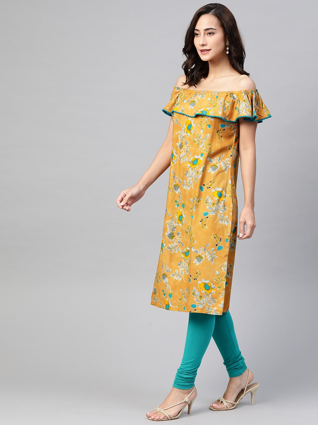 Jompers Women Mustard Yellow & Teal Blue Floral Printed Straight Kurta