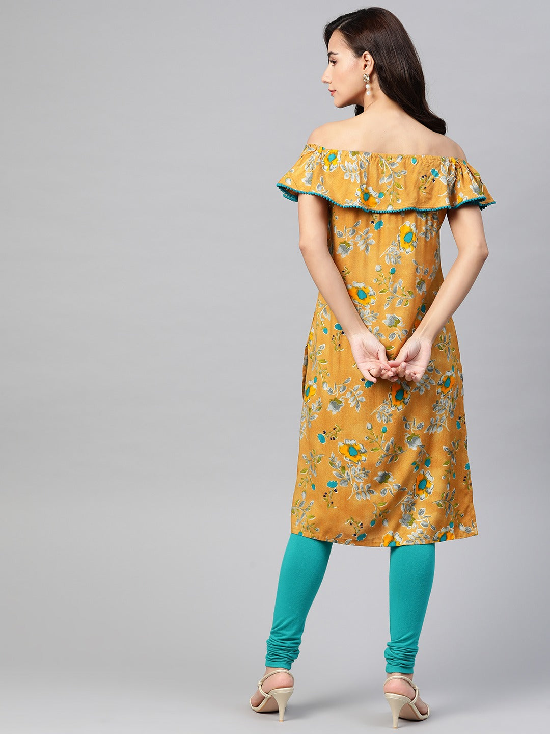 Jompers Women Mustard Yellow & Teal Blue Floral Printed Straight Kurta