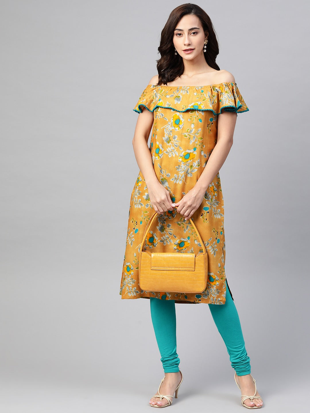 Jompers Women Mustard Yellow & Teal Blue Floral Printed Straight Kurta