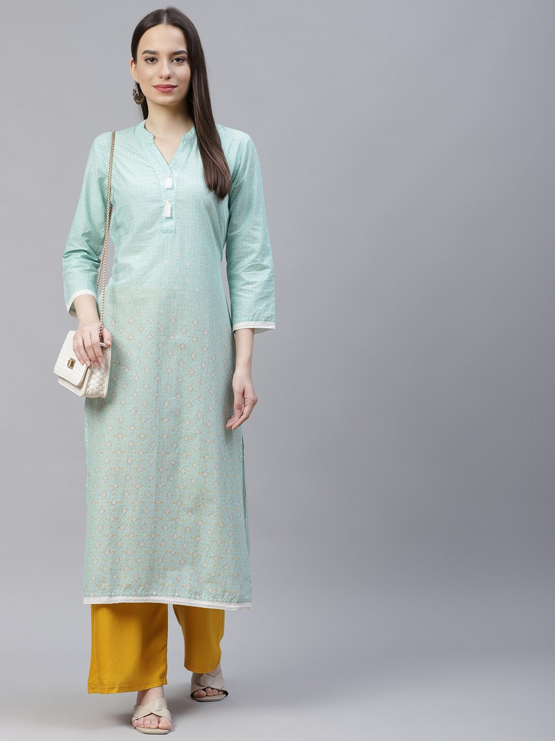 Jompers Women Blue & Off White Pure Cotton Ethnic Motifs Printed Kurta