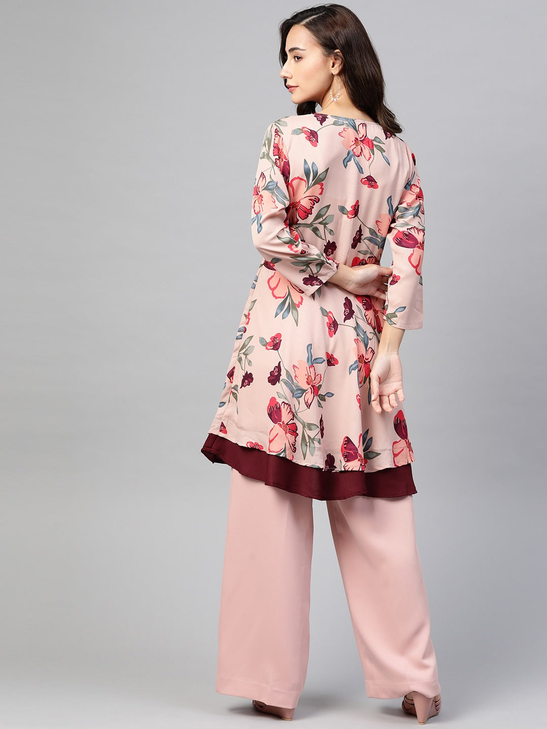 Jompers Women Peach & Maroon Floral Printed Floral Flared Kurta