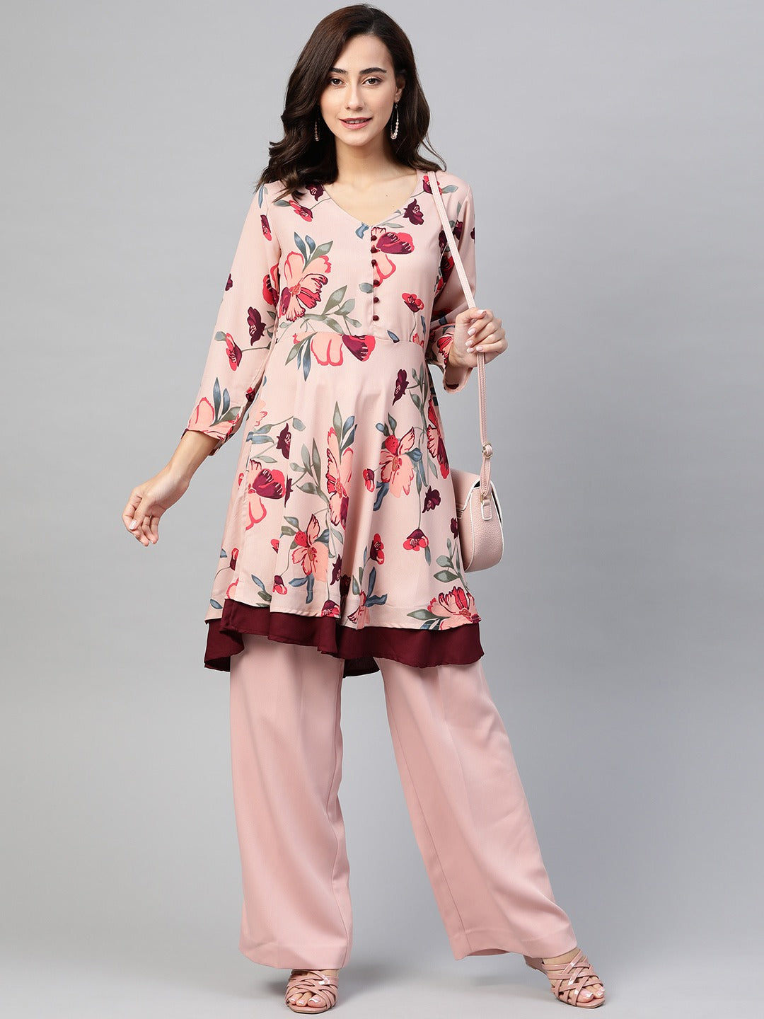 Jompers Women Peach & Maroon Floral Printed Floral Flared Kurta