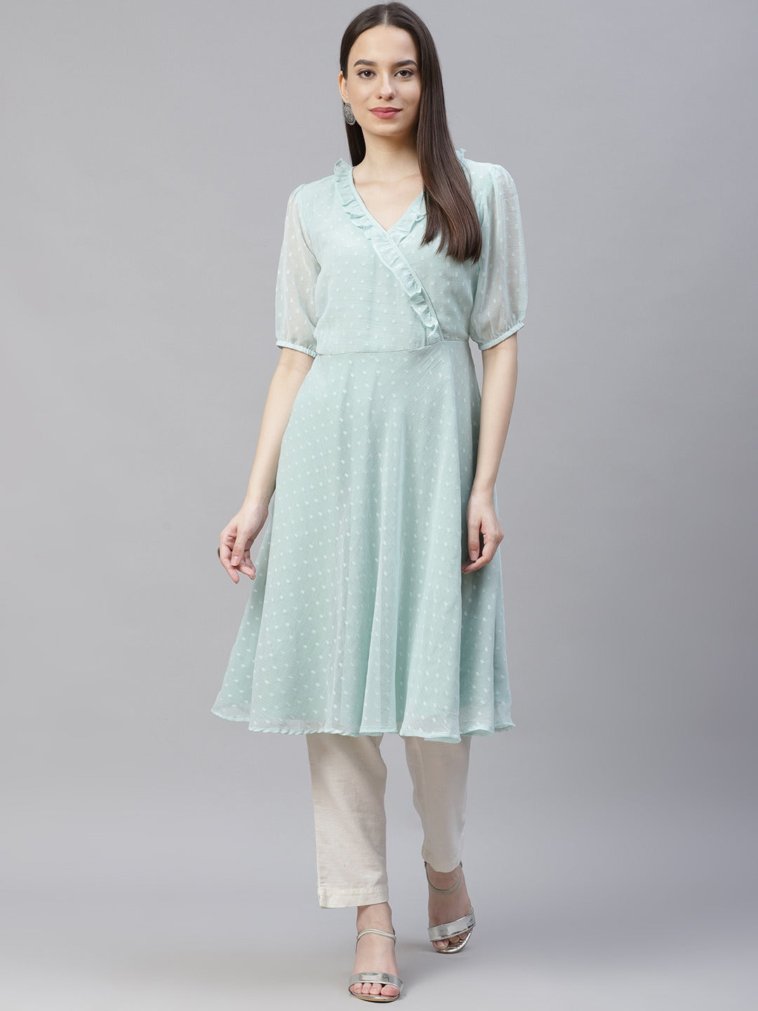 Women Turquoise Blue Woven Design Flared Kurta