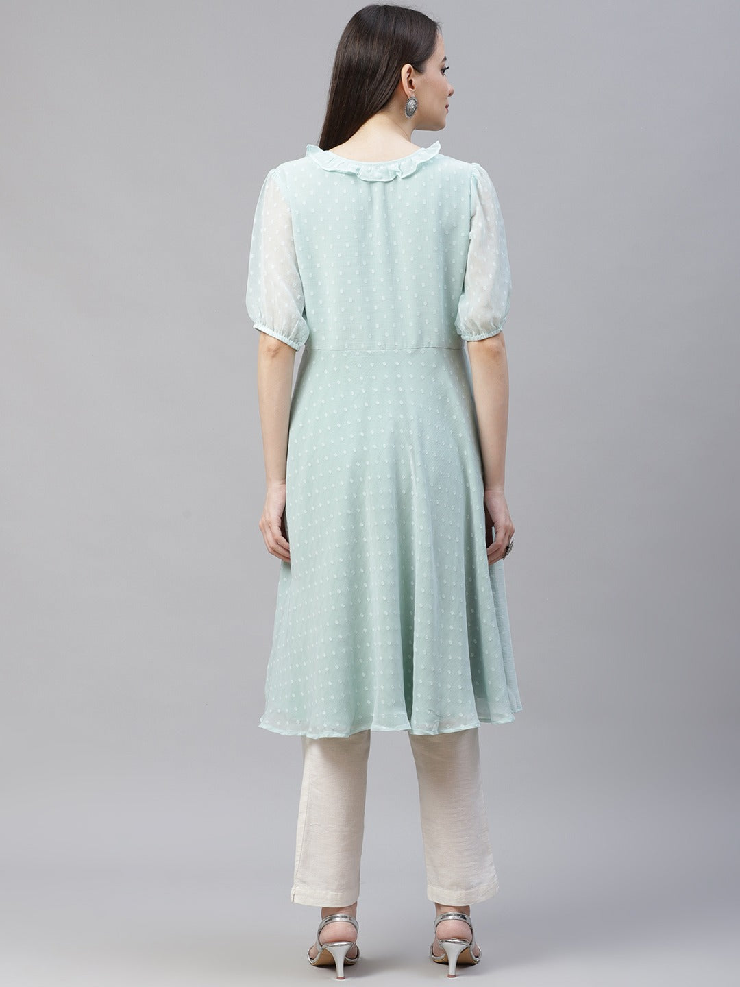 Women Turquoise Blue Woven Design Flared Kurta