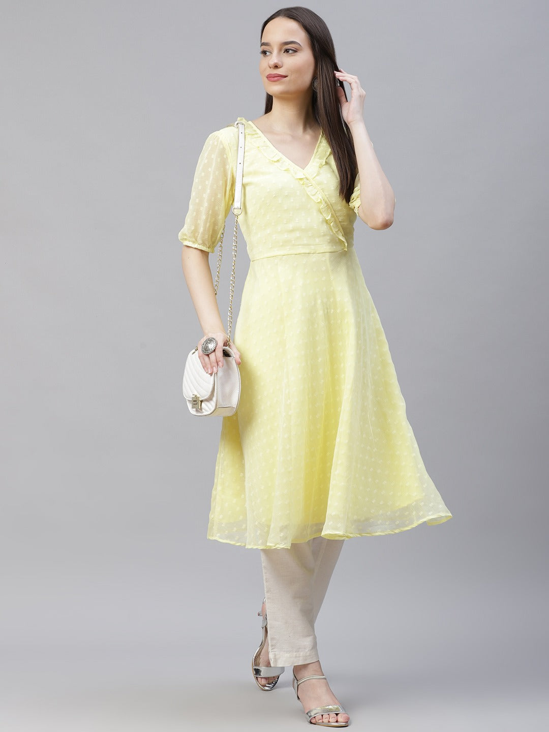 Women Yellow Woven Design Flared Kurta