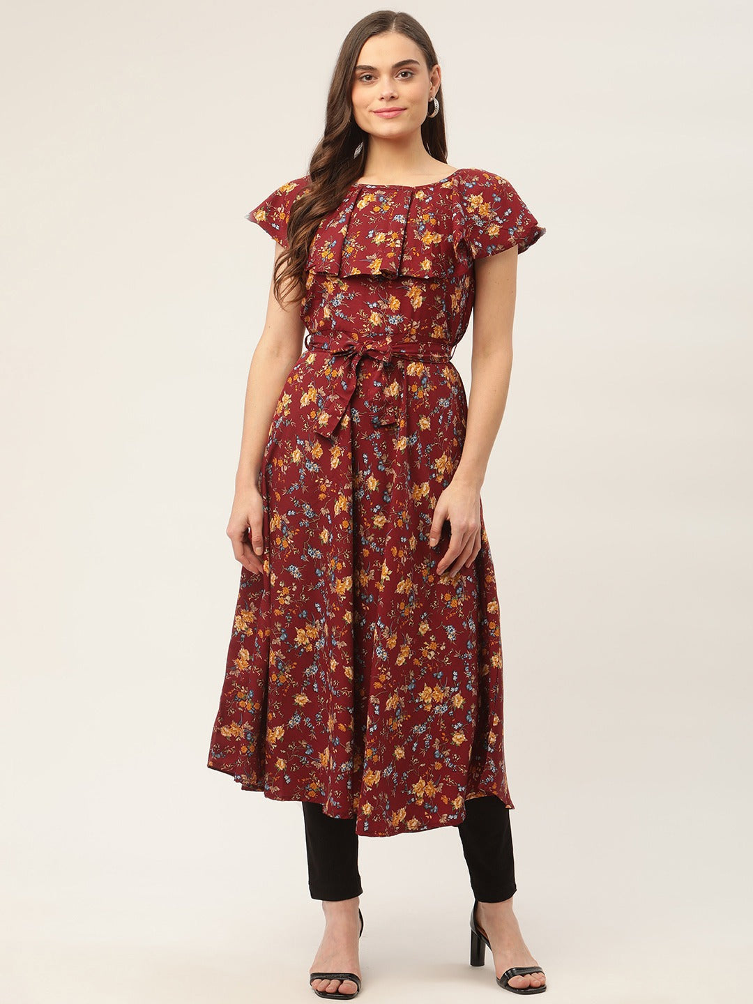 Women Maroon Flared Printed kurta