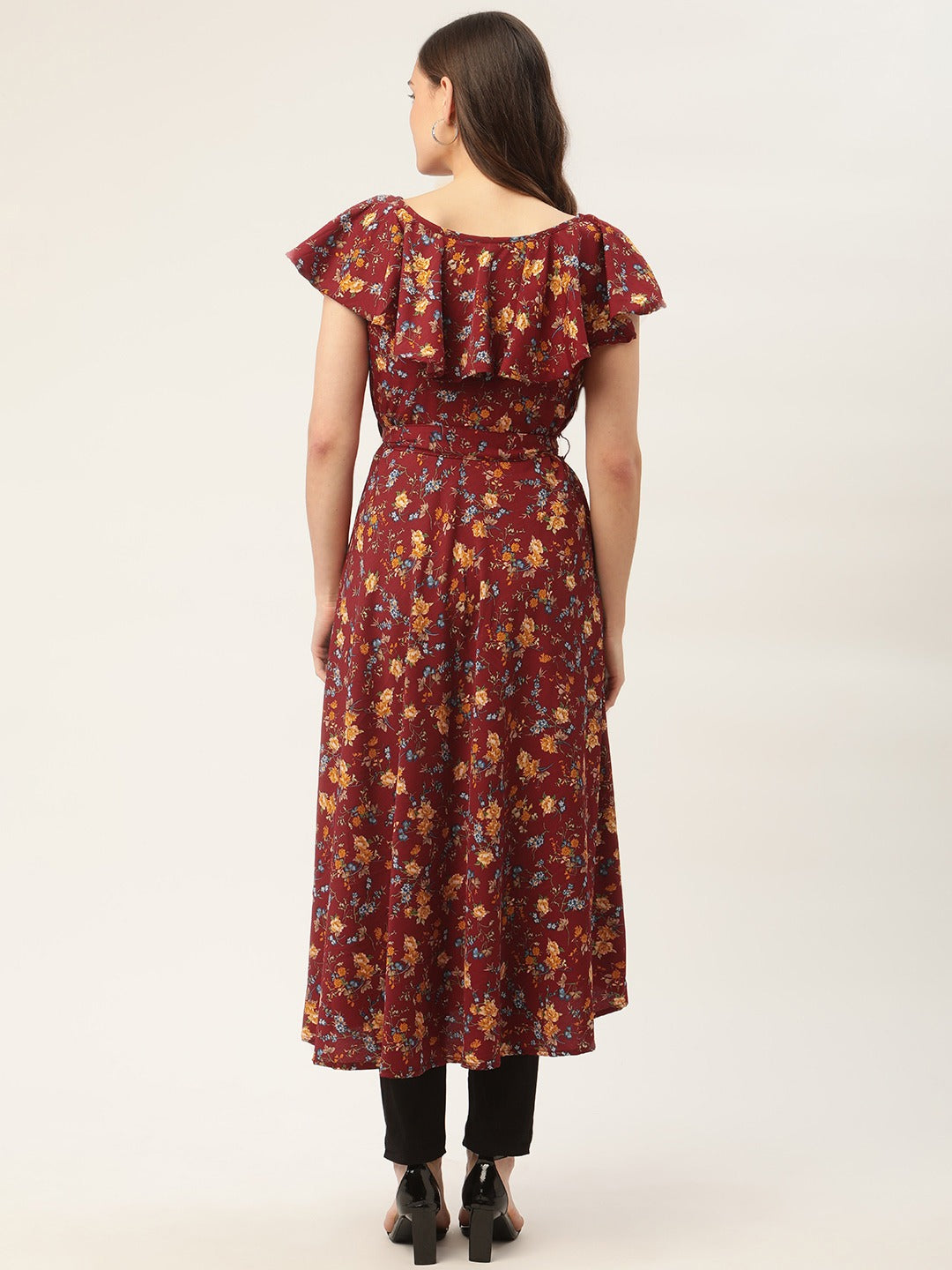 Women Maroon Flared Printed kurta
