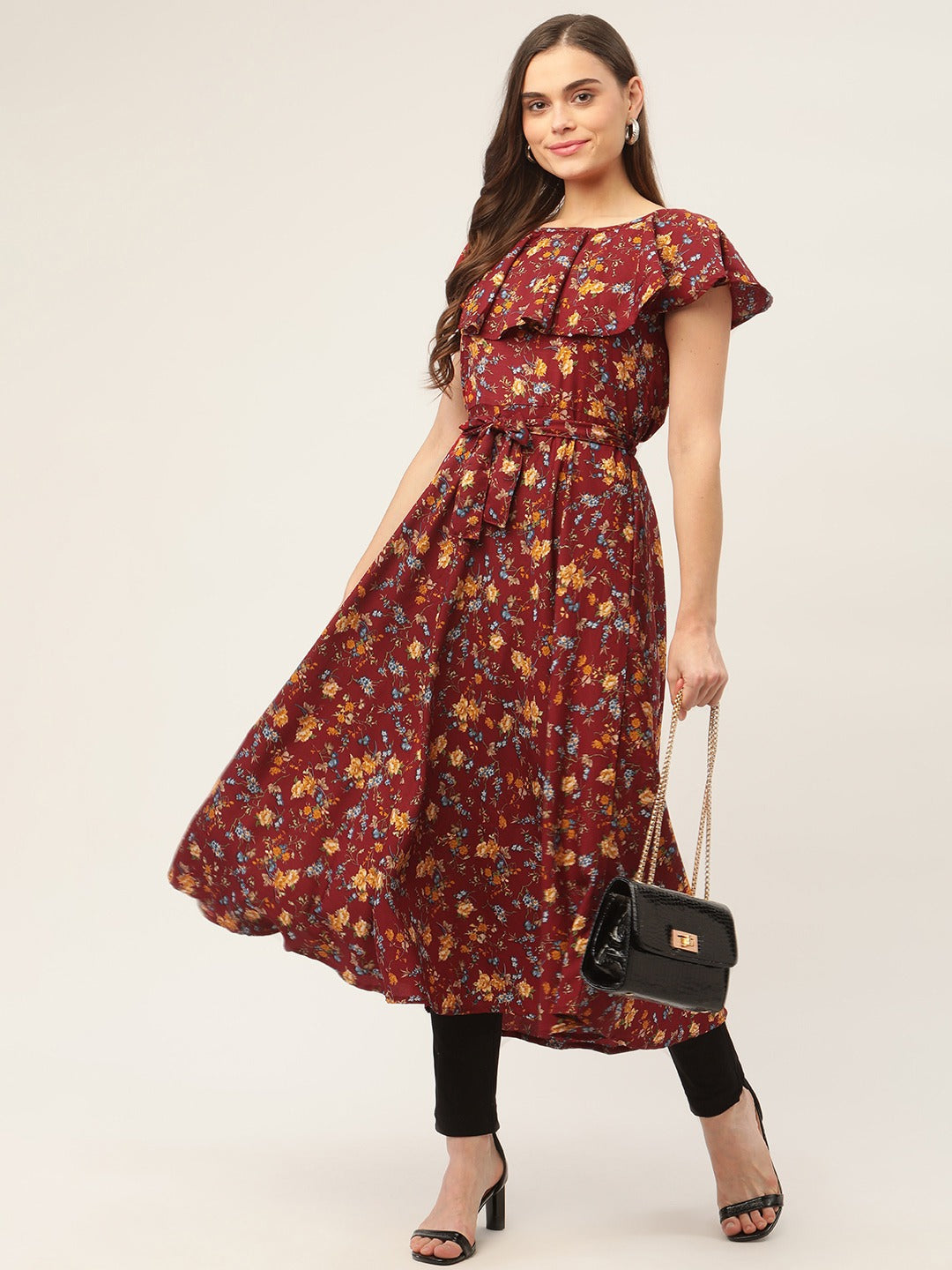 Women Maroon Flared Printed kurta