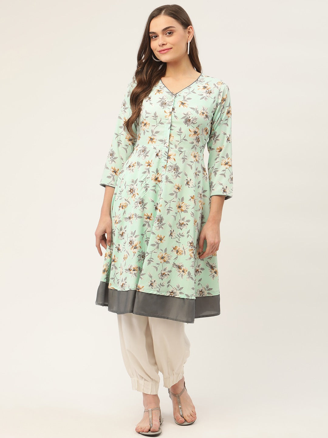 Women Sky Blue and White Flared Printed kurta