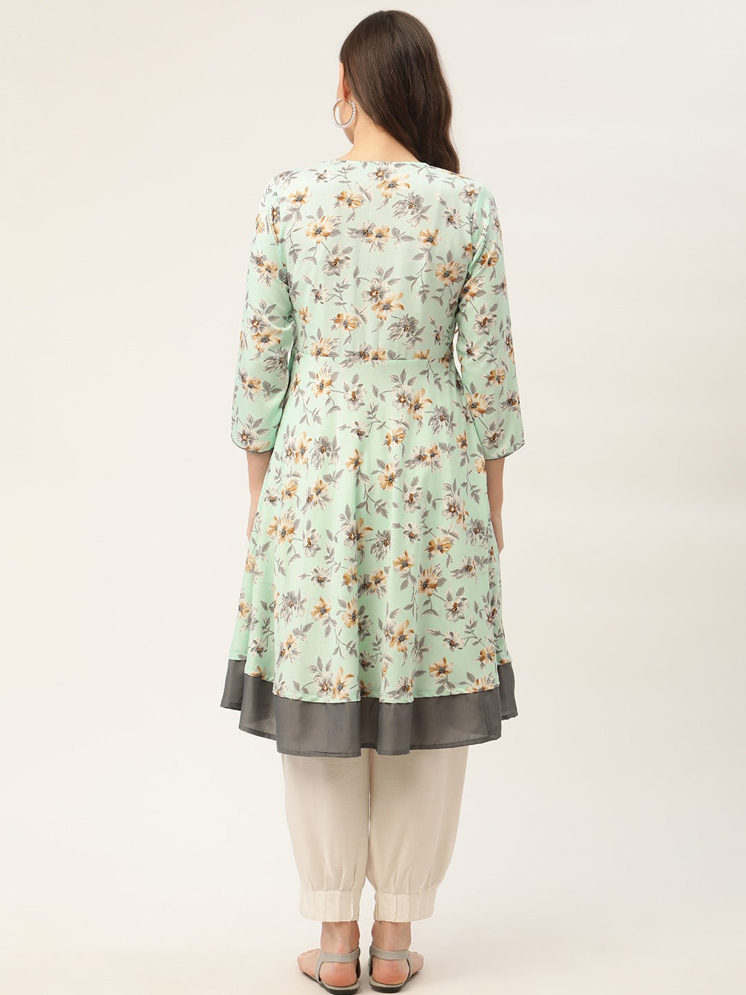 Women Sky Blue and White Flared Printed kurta