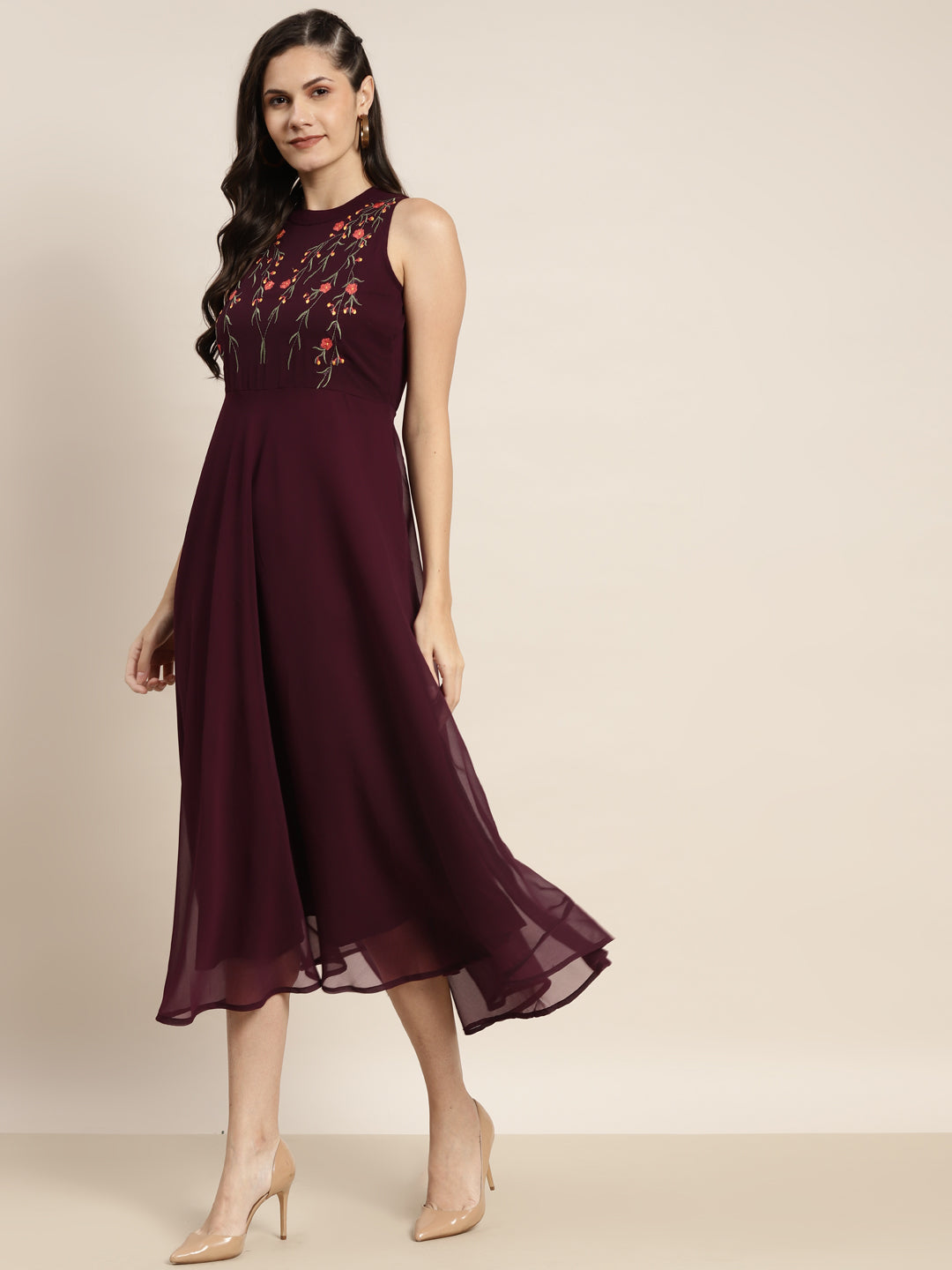 Embroidered A-Line Midi Women Dress