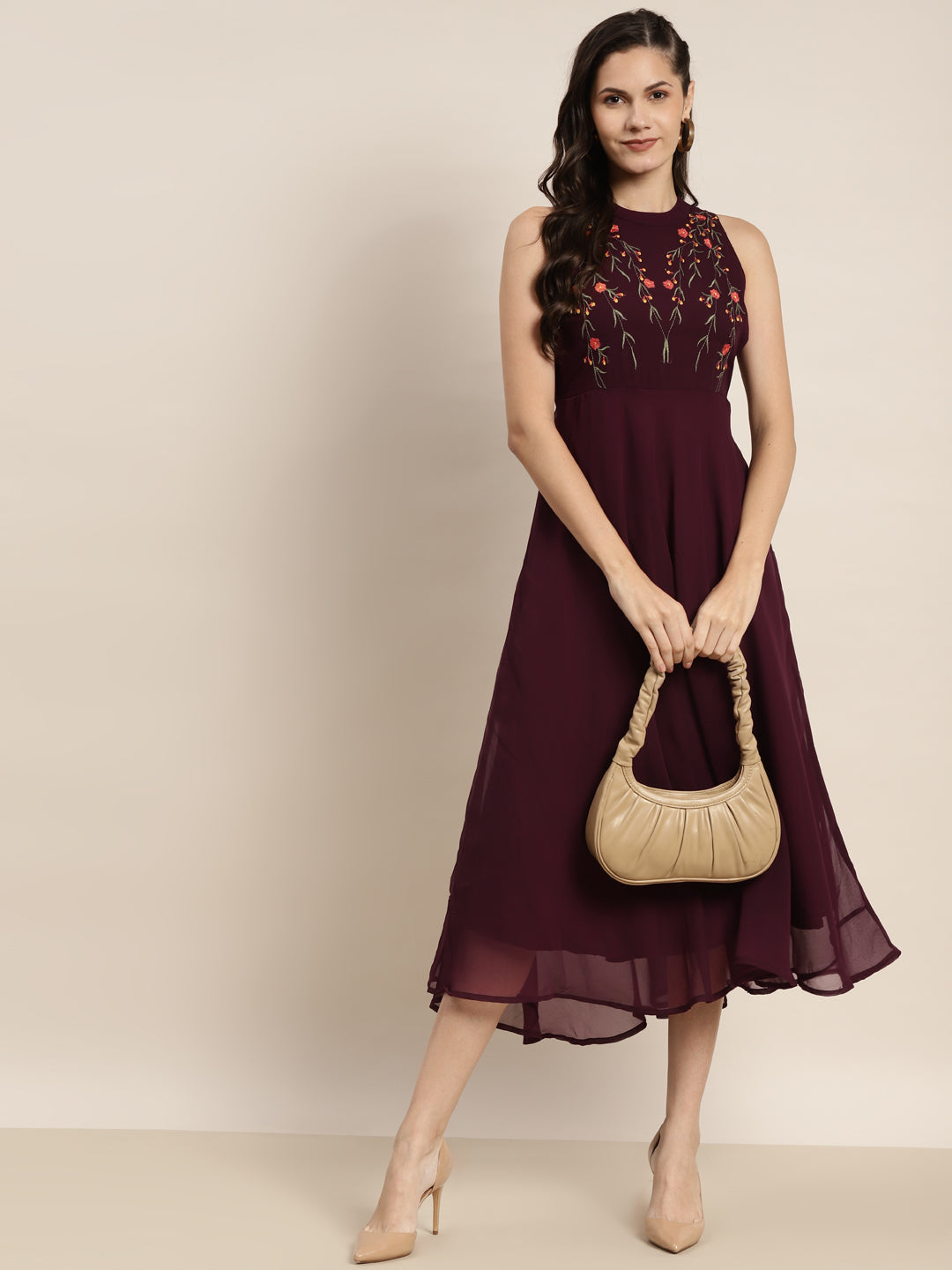 Embroidered A-Line Midi Women Dress