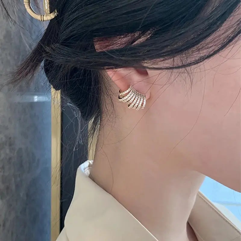 Korean Quality Gold Plated Diamond Luxury Multilayer C Shape Stud Earrings
