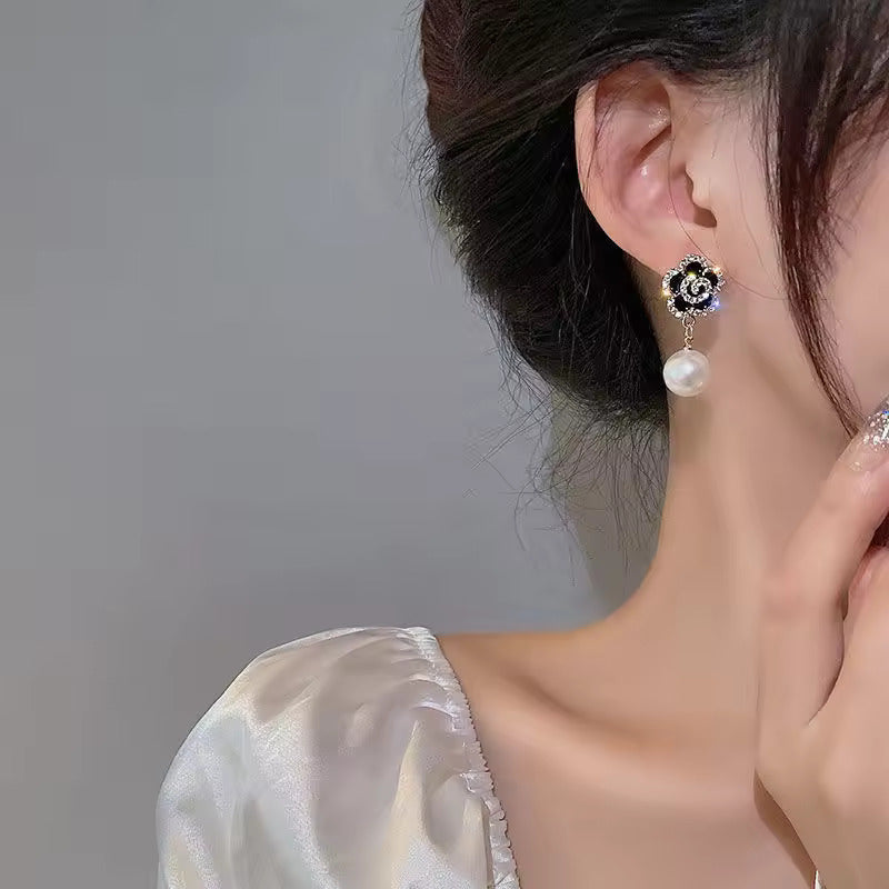 Korean Style Black Camellia Flower Pearl Drop Earrings For Women