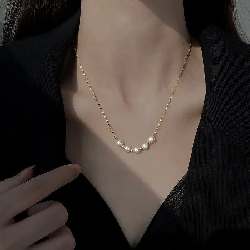 Korean Style Round Pearl Anti-Tarnish Gold Plated Titanium Steel Necklace