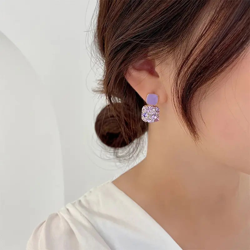 Lavender Purple Shiny Diamond Geometric Drop Earrings for Women