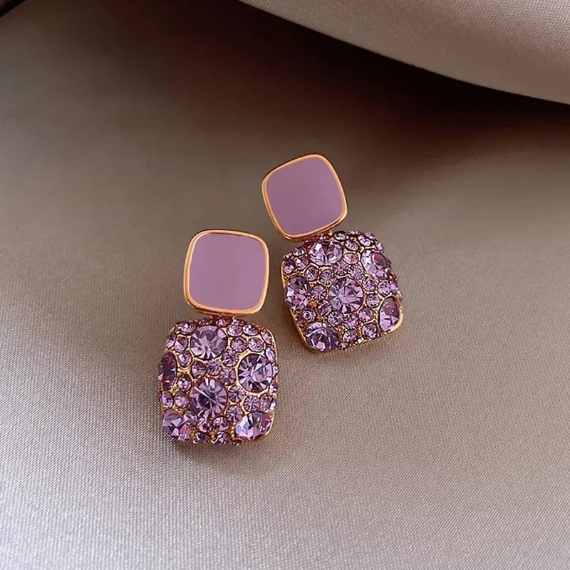 Lavender Purple Shiny Diamond Geometric Drop Earrings for Women