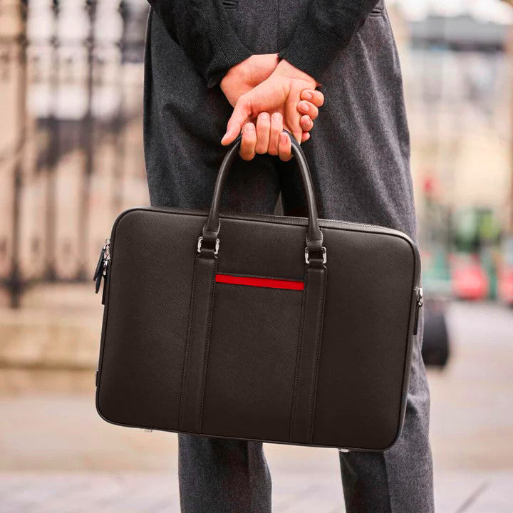 Manhattan Leather Briefcase - Brown & Racing Red