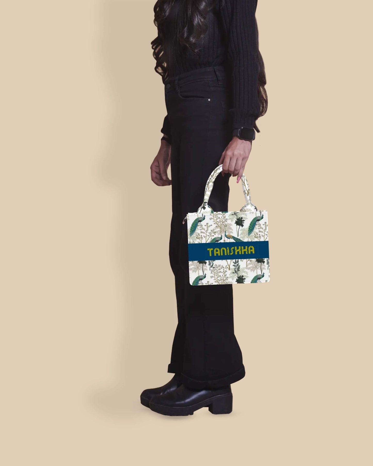 Customized Small Tote Bag Designed With Elegant Peacock And Summer Tree