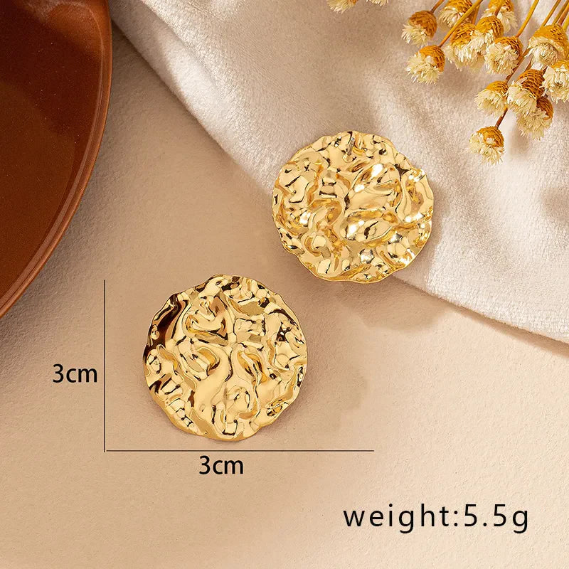 Oversized Gold Plated Metal Uneven Texture Big Round Stud Earring For Woman