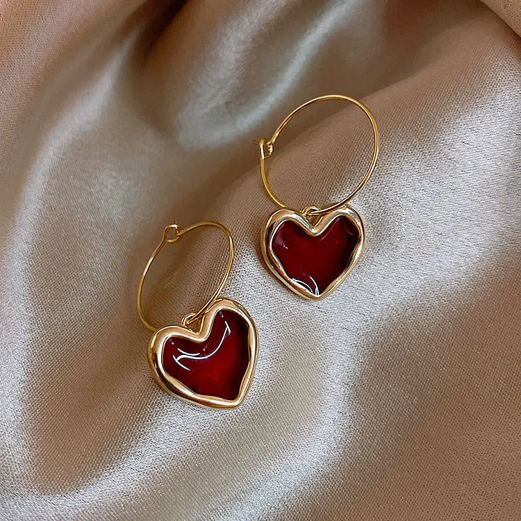 Red Enamel Big Love Heart Pendant Dangle Hoop Earrings
