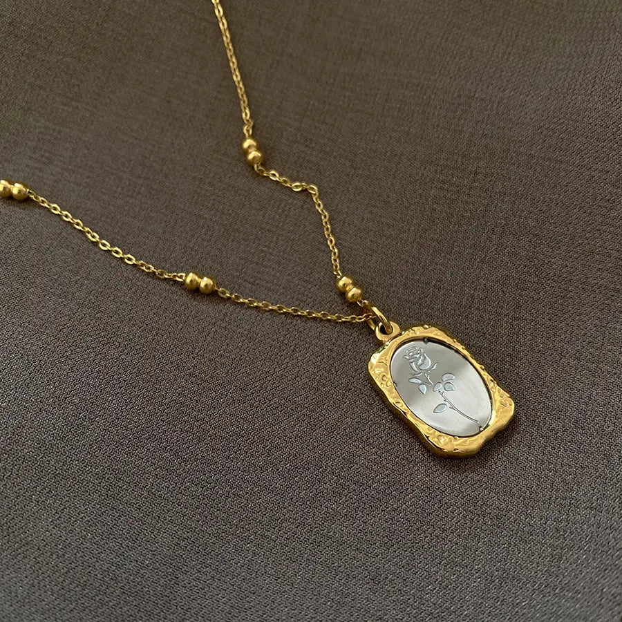 Anti-Tarnish Stainless Steel Rose Engraved pendant 18K Gold Plated Necklace