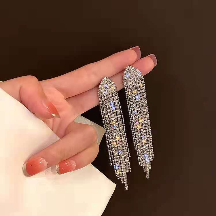 Silver Plated Glamorous Party Rhinestone Long Tassel Earrings