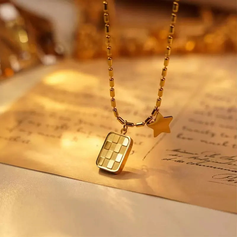 Anti-Tarnish 18K Gold Plated Square Star Pendant – Stainless Steel Necklace