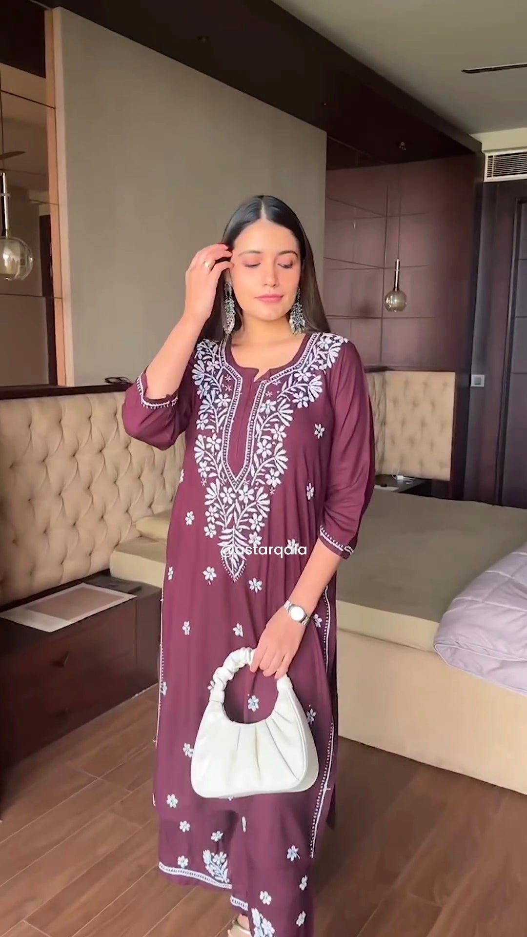 Chikankari Cotton Straight Kurta Set For Women (Wine)