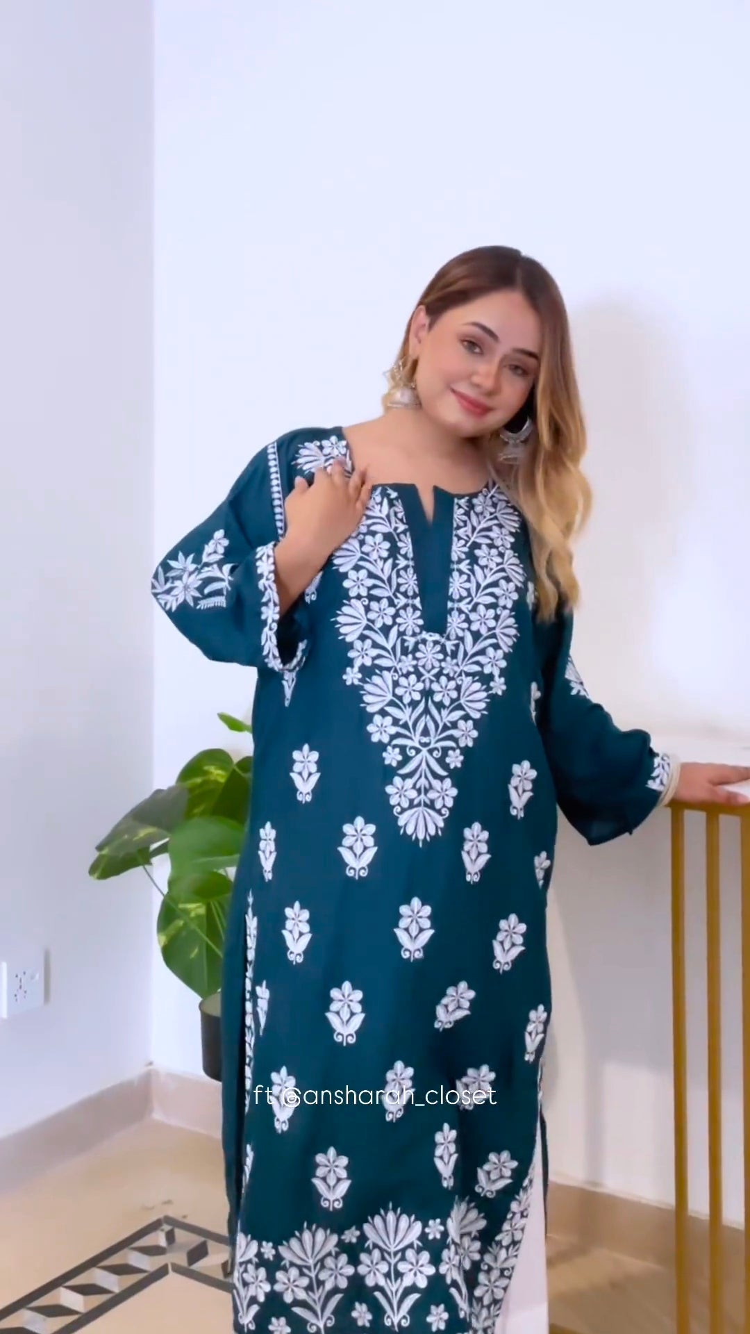 LUCKNOW CHIKANKARI EXCLUSIVE KURTI_PAIR PENT DESIGN (Zinc green)