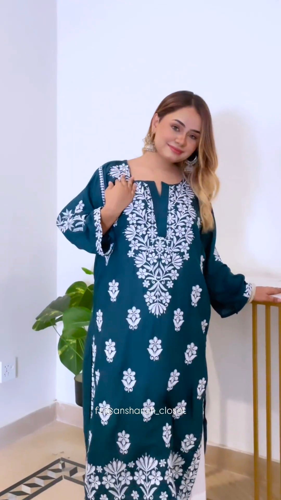 LUCKNOW CHIKANKARI EXCLUSIVE KURTI_PAIR PENT DESIGN (Zinc green)