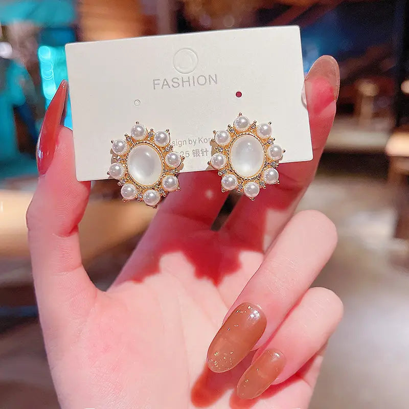 Vintage Korean Simple Circle Opal Pearl Flowers Studs Earrings