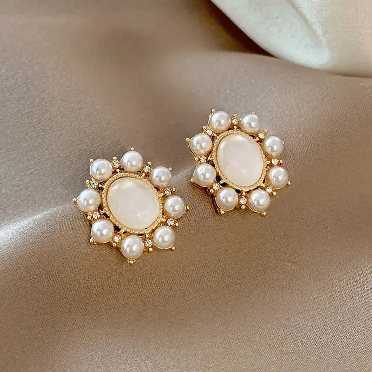 Vintage Korean Simple Circle Opal Pearl Flowers Studs Earrings