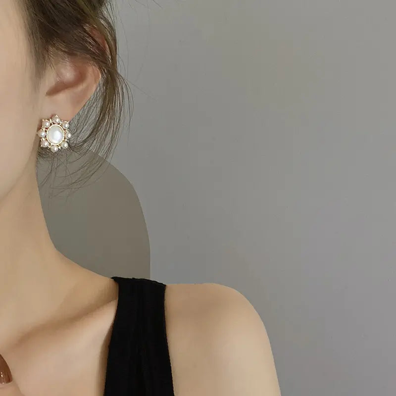 Vintage Korean Simple Circle Opal Pearl Flowers Studs Earrings