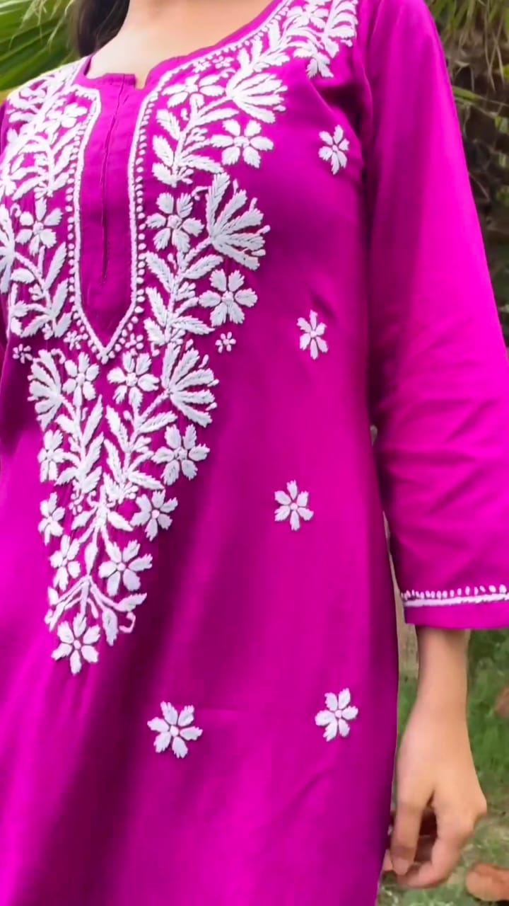 Chikankari Cotton Straight Kurta Set For Women (Rani Pink)