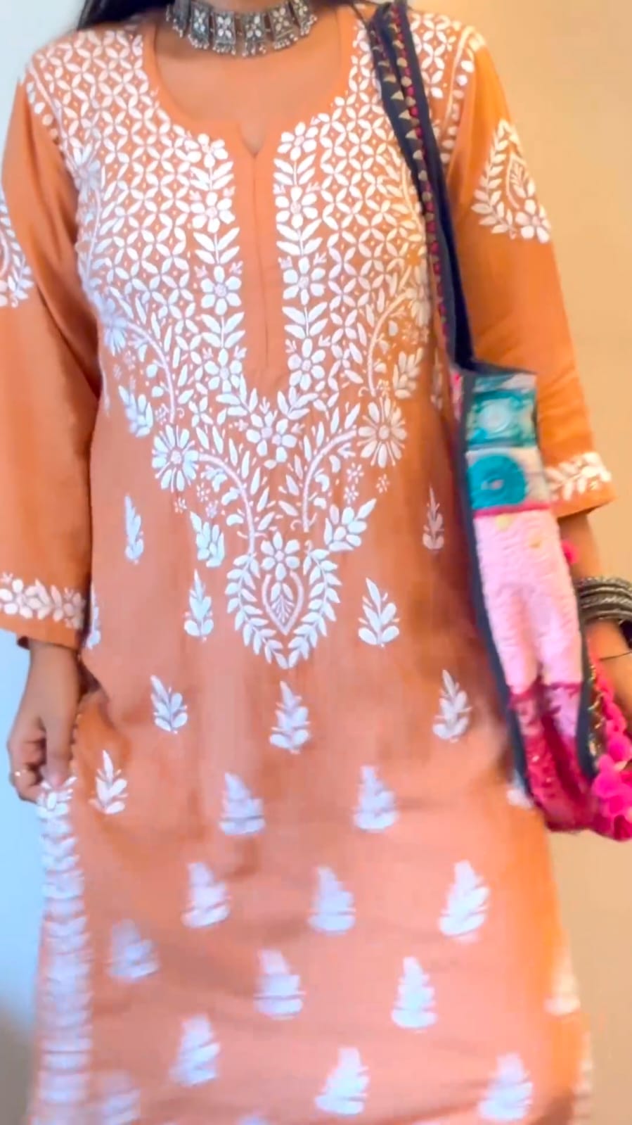 New Chikankari Exclusive Kurti_Pent Pair Design ( Orange)