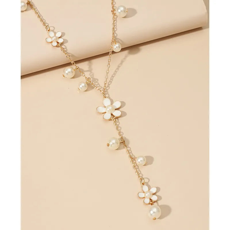 White Flower Pearl Enamel Sweater Long Chain Necklace